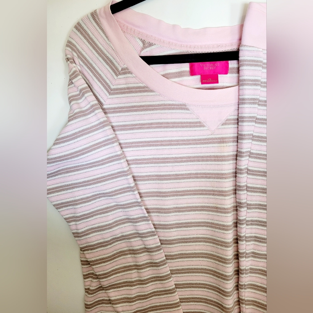 Victoria's Secret Thermal Stretch Cotton Striped Pink/Gray Women's Pajama Set L - Picture 6 of 16